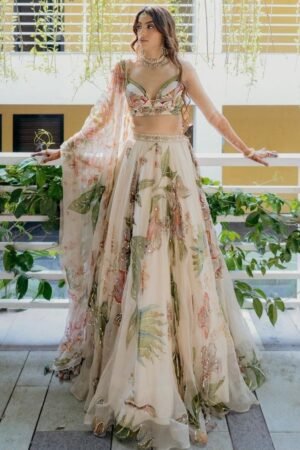 Ivory Floral Embroidered Organza Lehenga Set with Beaded Bralette
