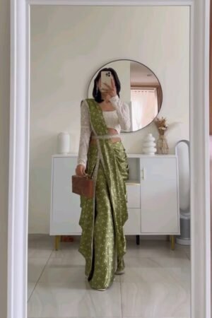 Olive Green Pre-Draped Saree with Embellished Blouse
