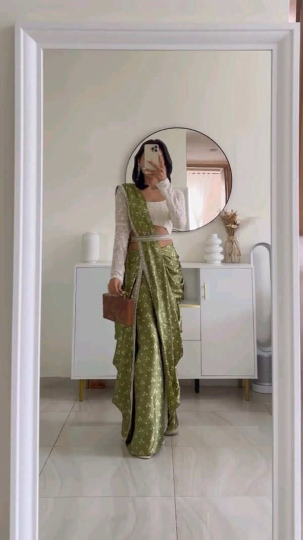 Olive Green Pre-Draped Saree with Embellished Blouse