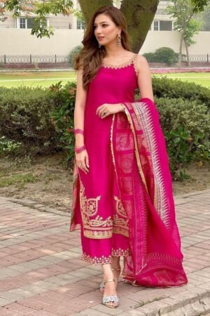 Rani Pink Sleeveless Embroidered Suit Set with Banarasi Dupatta