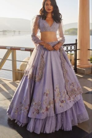 Lavender Layered Lehenga Set with Embroidered Blouse and Sheer Dupatta