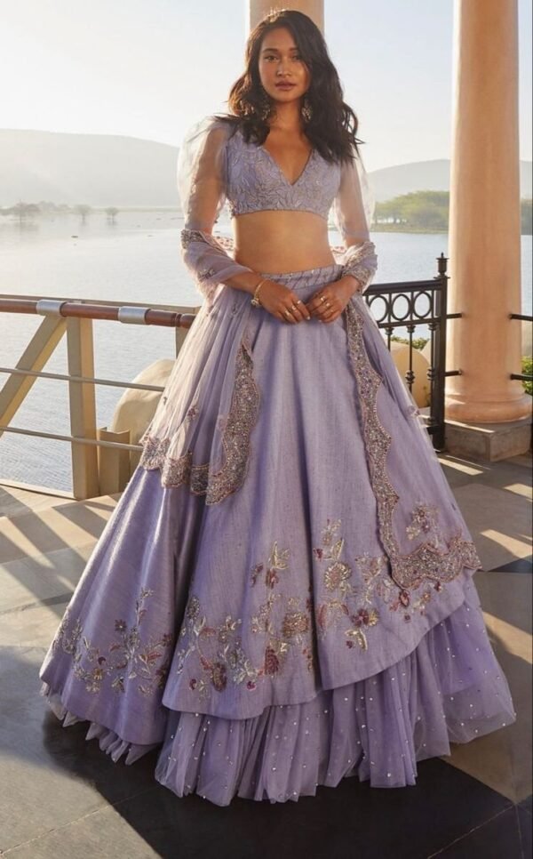 Lavender Layered Lehenga Set with Embroidered Blouse and Sheer Dupatta