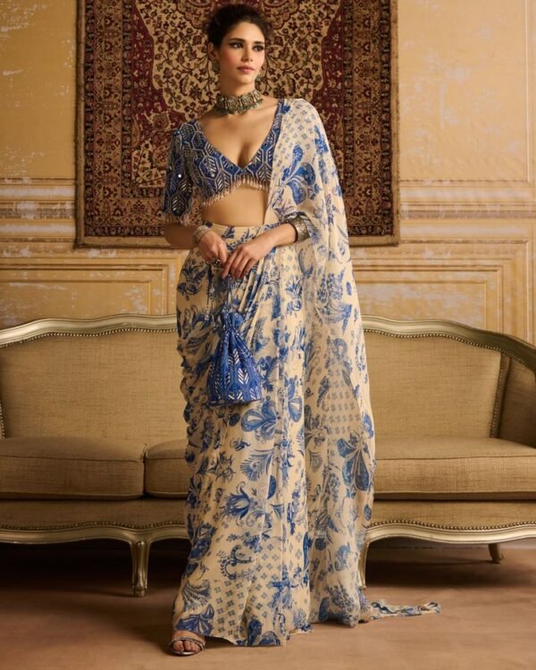Blue Floral Print Saree