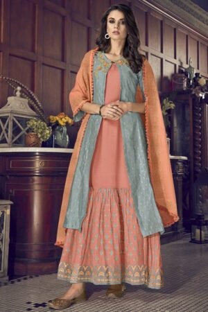 Peach & Blue Layered Ethnic Gown Style Suit with Embroidered Dupatta