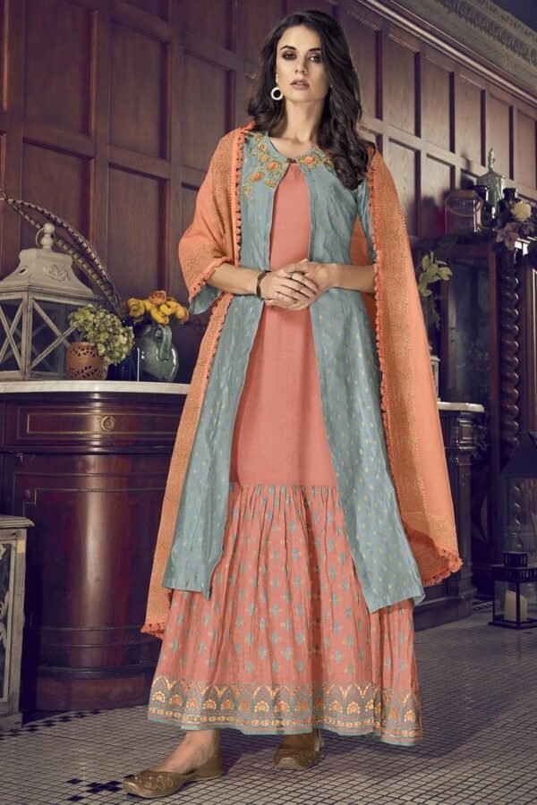 Peach & Blue Layered Ethnic Gown Style Suit with Embroidered Dupatta