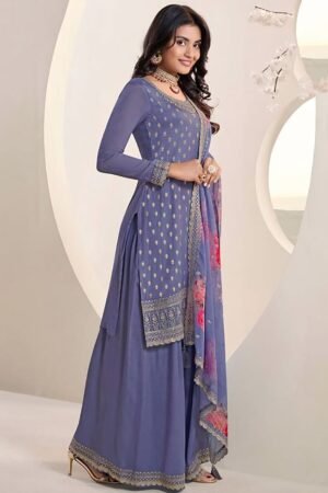 Blue Chinon Embroidered Sharara Suit