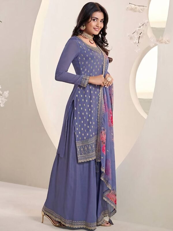 Blue Chinon Embroidered Sharara Suit