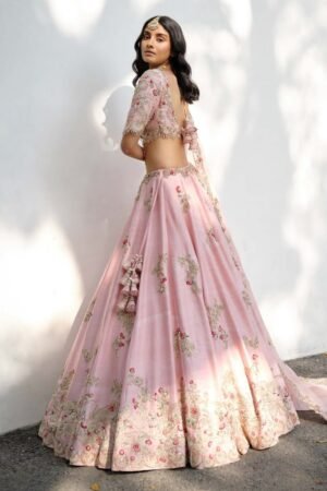 Blush Pink Embroidered Raw Silk Lehenga Set with Scalloped Detailing