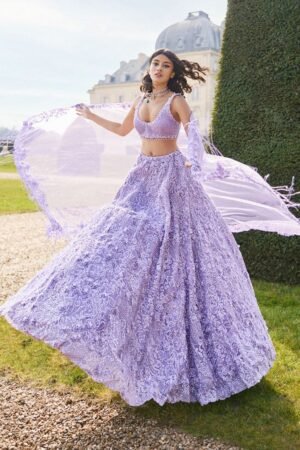 Lavender Embroidered Net Lehenga Set with Sequins & Bead Detailing