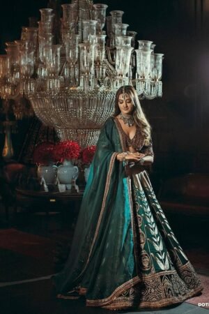 Emerald Green Velvet Bridal Lehenga with Zari and Thread Embroidery