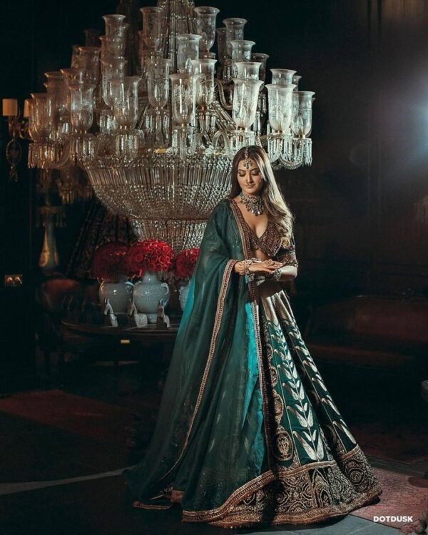 Emerald Green Velvet Bridal Lehenga with Zari and Thread Embroidery