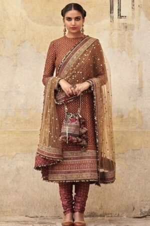 Rust Brown Heavily Embroidered Sharara Suit with Net Dupatta