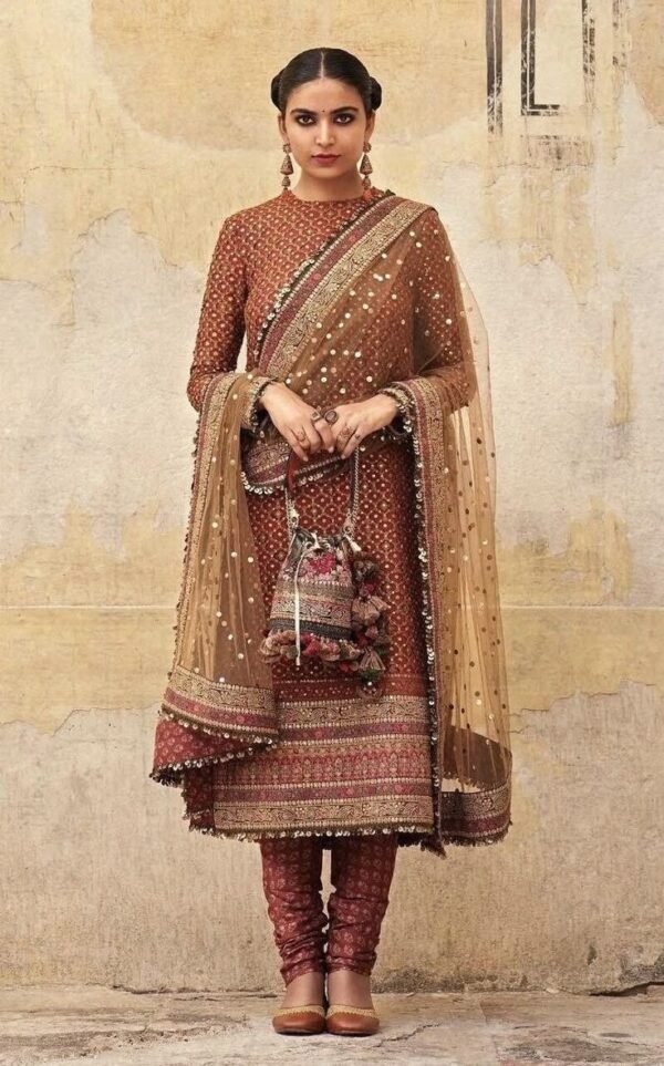 Rust Brown Heavily Embroidered Sharara Suit with Net Dupatta