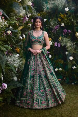 Deep Forest Green Multicolour Embroidered Lehenga Set