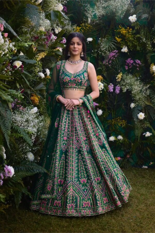 Deep Forest Green Multicolour Embroidered Lehenga Set
