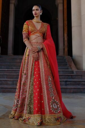 Noorani Red Multicolour Embroidered Lehenga Set with Mirror and Zari Work