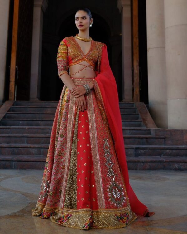 Noorani Red Multicolour Embroidered Lehenga Set with Mirror and Zari Work