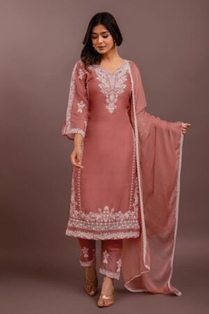 Dusty Rose Embroidered Organza Pant Set