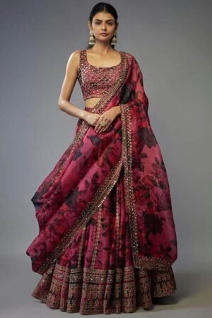 Wine Rose Printed Organza Lehenga Set with Embellish