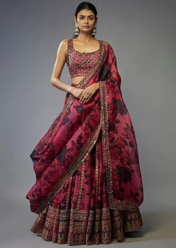 Wine Rose Printed Organza Lehenga Set with Embellish