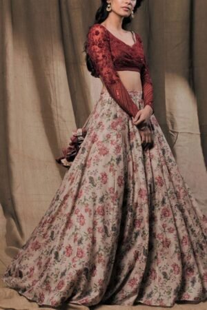 Blush Floral Printed Lehenga with Maroon Sequin Embroidered Blouse