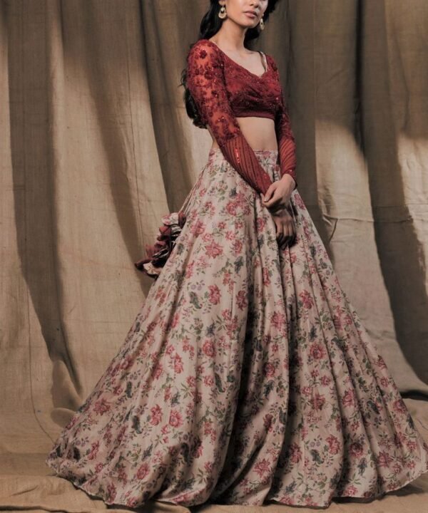 Blush Floral Printed Lehenga with Maroon Sequin Embroidered Blouse