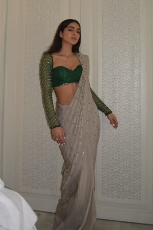 Champagne Embellished Saree with Green Corset Blouse