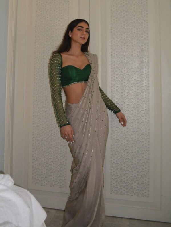 Champagne Embellished Saree with Green Corset Blouse