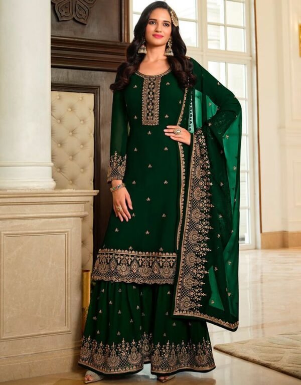 Palm Green Heavy Embroidered Palazzo Suit Set