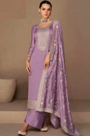 Lavender Elegance Embroidered Straight Suit Set