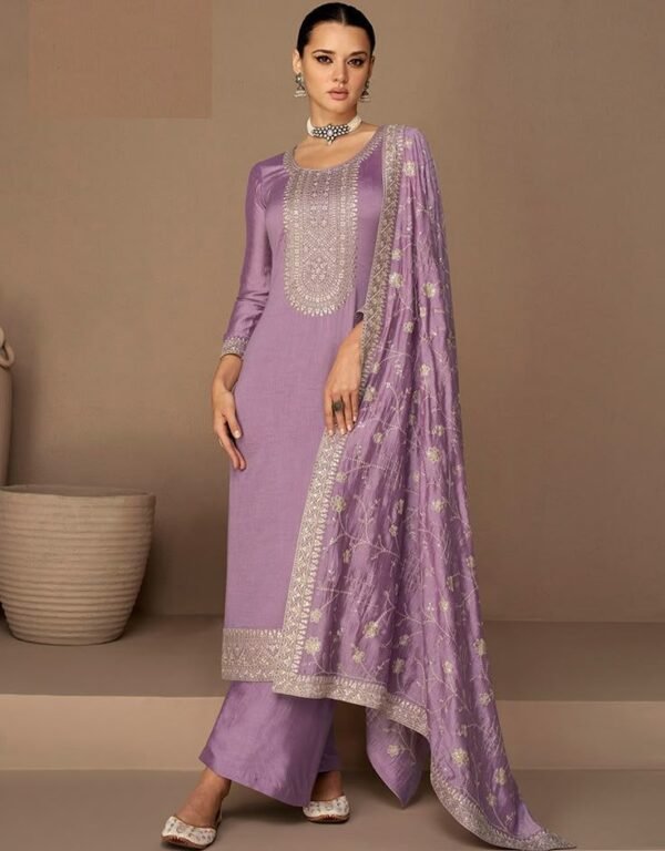 Lavender Elegance Embroidered Straight Suit Set