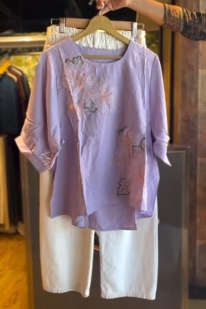 Lavender Floral Embroidered Top with White Wide-Leg Pants