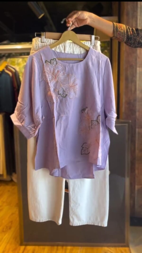 Lavender Floral Embroidered Top with White Wide-Leg Pants