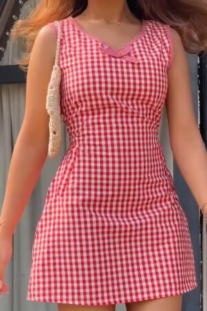 Red Gingham Sleeveless Mini Dress