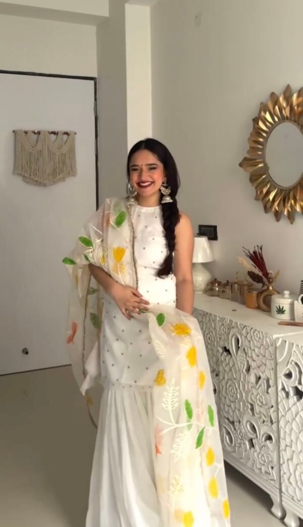 Organza Sequence White Sharara Set - Image 2