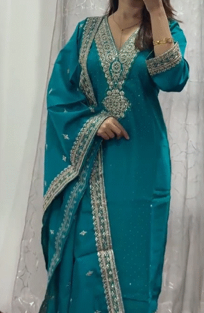 Traditional Teal Blue Embroidered Kaftan / Abaya Style Dress