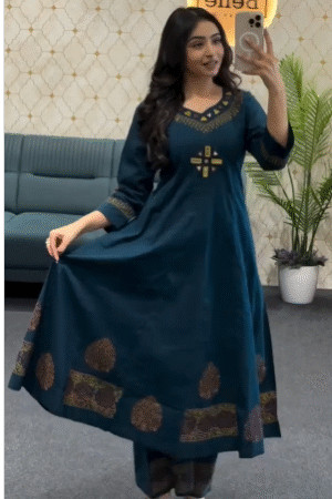 Elegant Dark Teal Printed Kurti with Trousers
