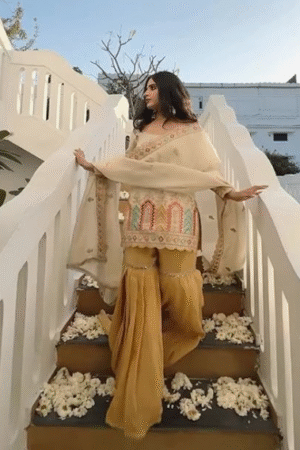 Elegant Beige Embroidered Kurti with Mustard Sharara