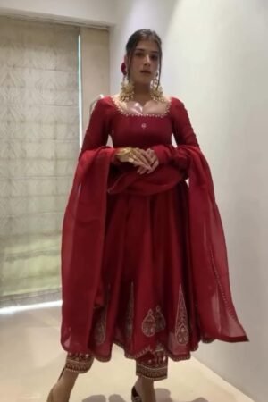 Traditional Red Anarkali with Embroidered Sharara and Dupatta