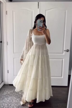 Ivory White Tiered Anarkali with Dupatta