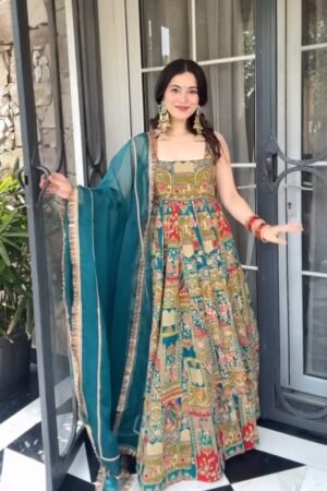 Traditional Multicolor Printed Anarkali with Teal Dupatta