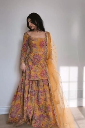 Traditional Mustard Yellow Floral Embroidered Lehenga Set