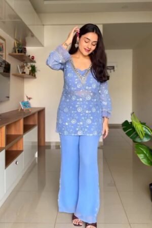 Sky Blue Embroidered Kurta with Palazzos