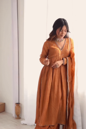 Women Brown Gotta Patti Kurta with Trousers & Dupatta – Elegant Festive Wear