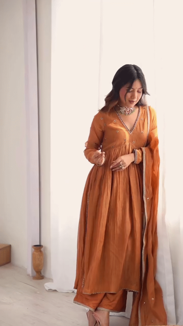 Women Brown Gotta Patti Kurta with Trousers & Dupatta – Elegant Festive Wear
