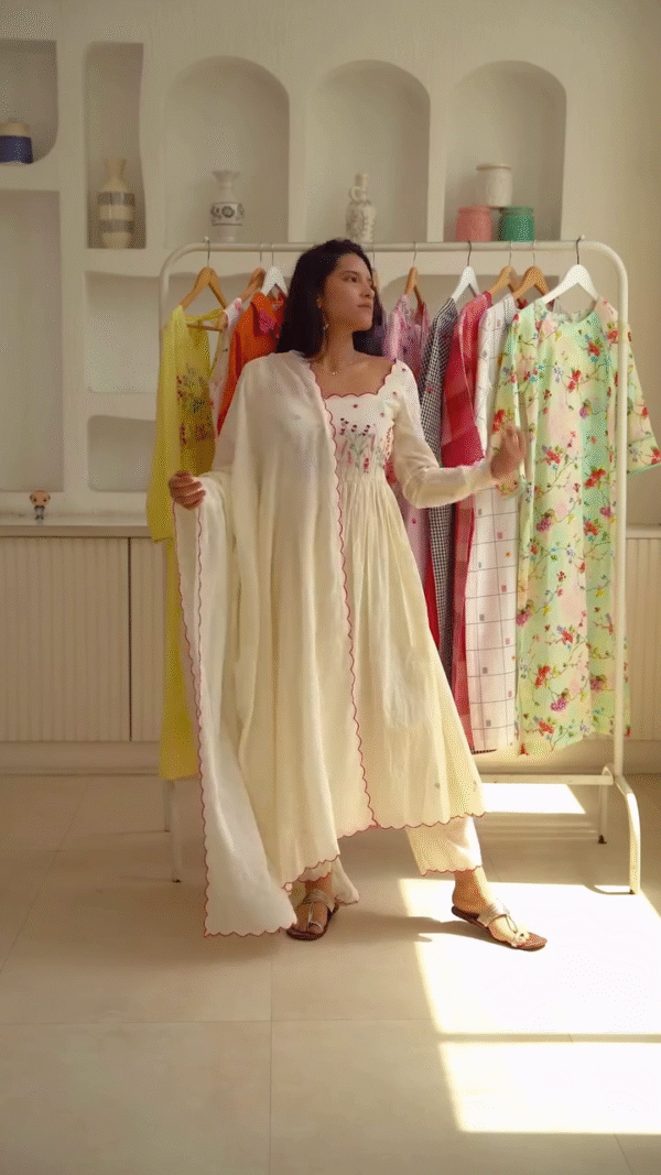 Floral Embroidered Thread Work Panelled Anarkali Kurta with Trousers & Dupatta – Graceful Ethnic Wear for Women