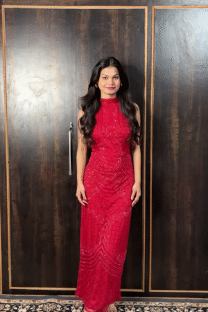 Red Embellished Net Maxi Dress