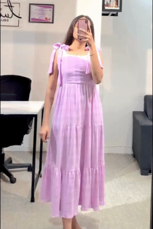 Lavender Tiered Midi Dress with Shoulder Tie Straps