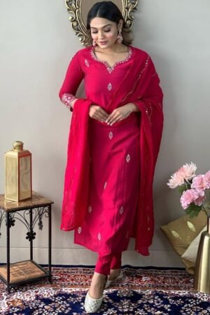 Elegant Rani Pink Embroidered Kurta Set with Dupatta