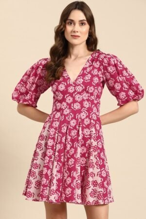 Pink Floral Puff Sleeve Fit and Flare Mini Dress